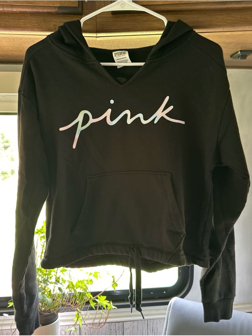 PINK Victoria's Secret Black Hoodie with Iridescent Script